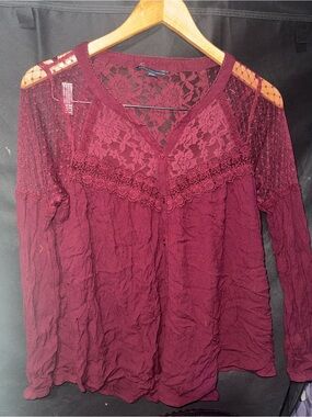 American Eagle Outfitters Burgundy Lace Yoke Long Sleeve Top
